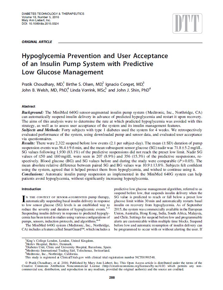 Hypoglycemia Prevention and User Acceptance of an Insulin Pump System with Predictive Low Glucose Management