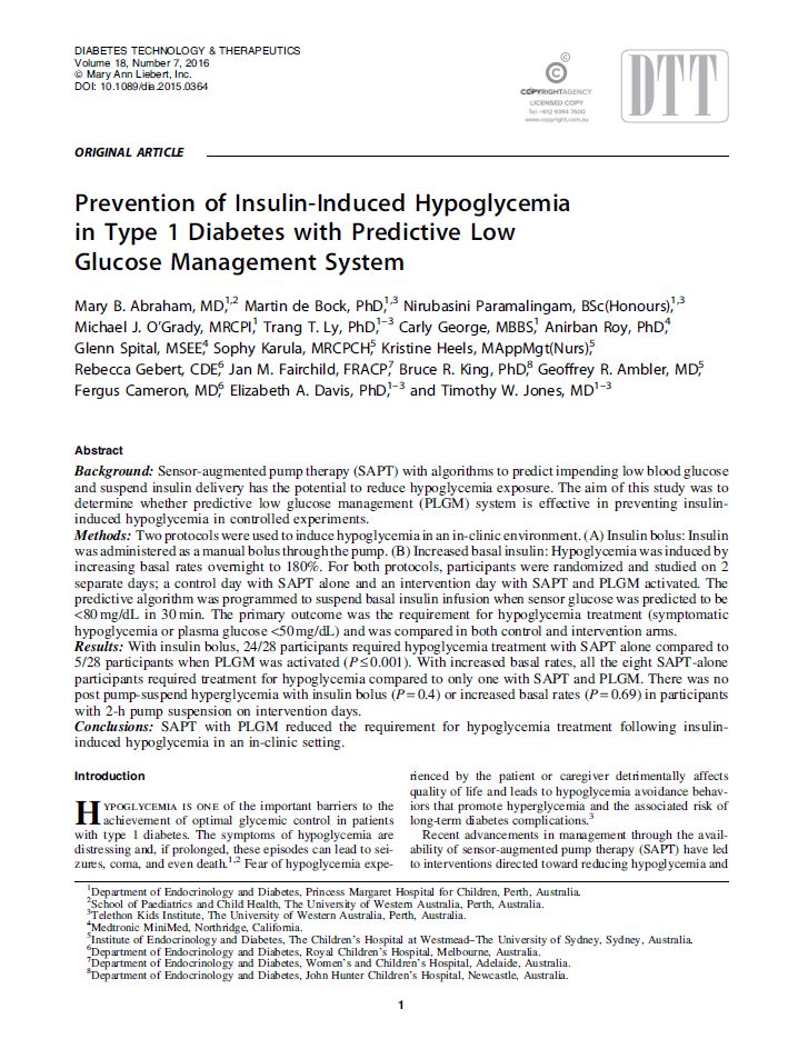 Prevention of Insulin-Induced Hypoglycemia in Type 1 Diabetes with Predictive Low Glucose Management System